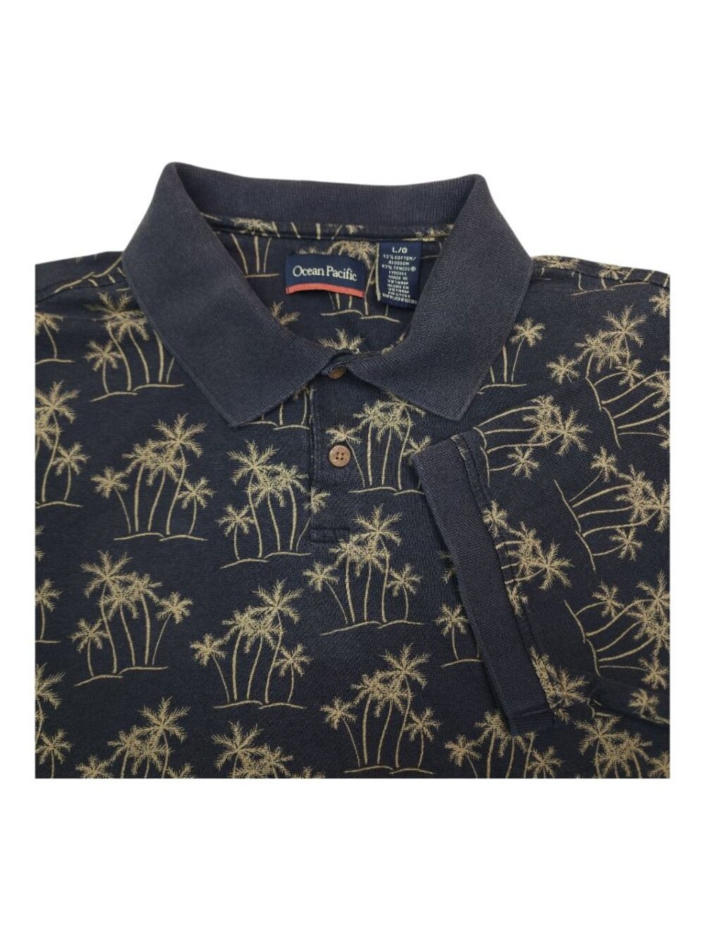 Vintage Ocean Pacific Mens Polo Shirt L/G Palm Tree Print Navy & Beige